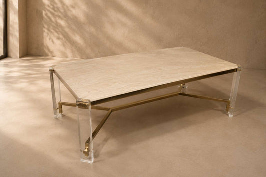 Table de repas années 70 en travertin, métal doré et plexiglas