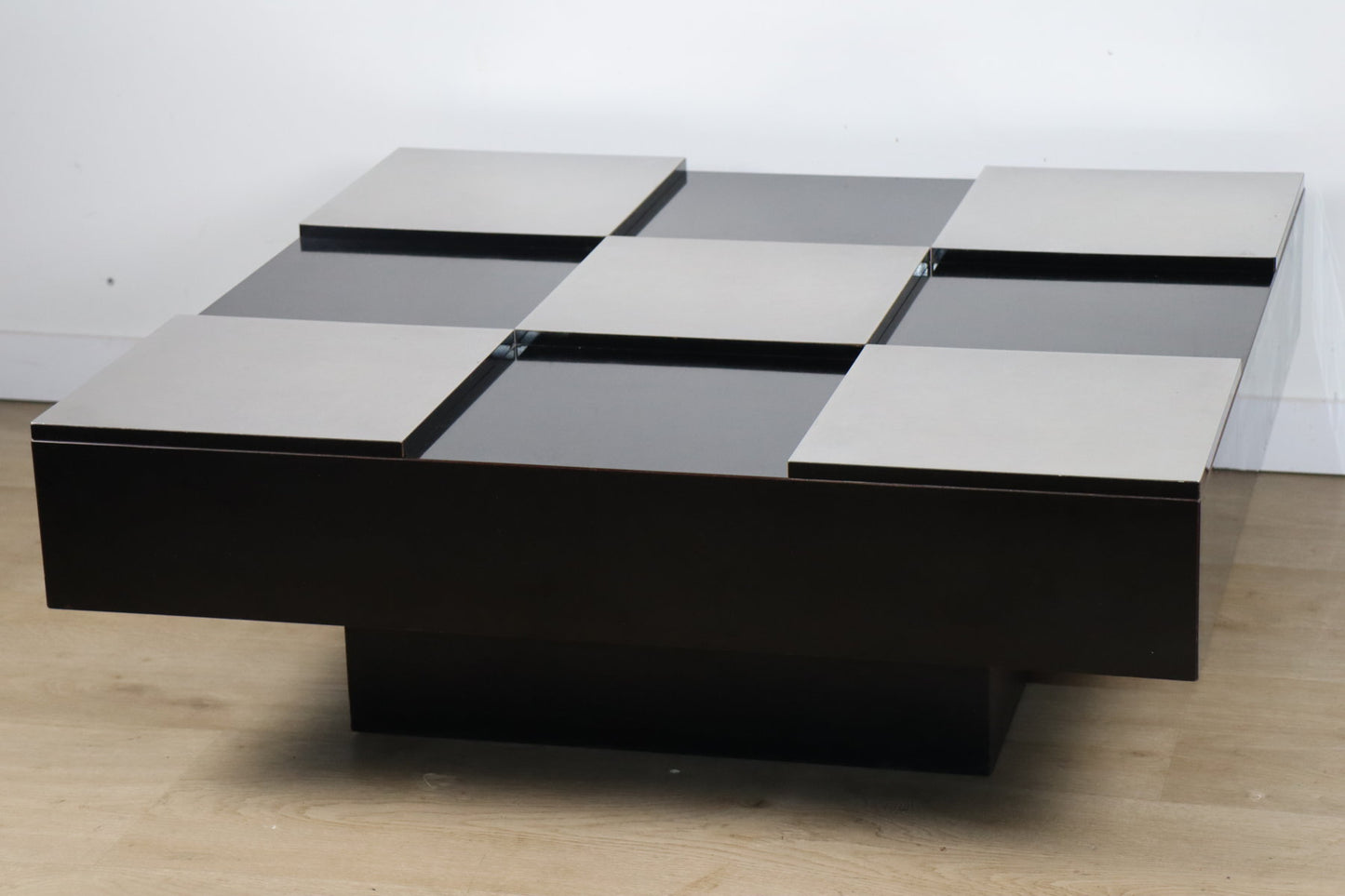 Table basse vintage en bois laqué et aluminium - Années 70