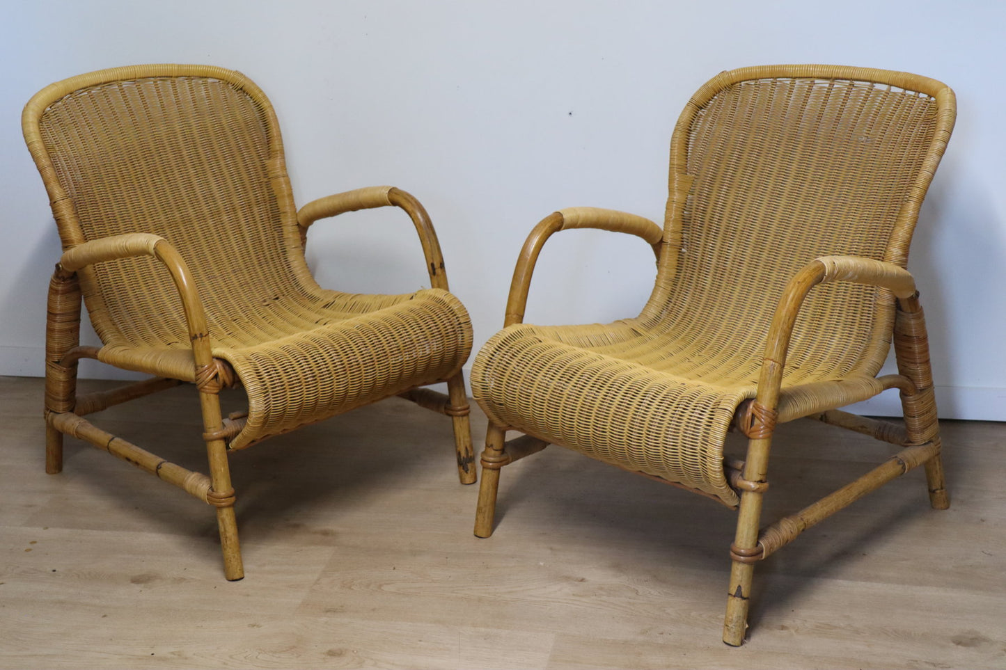 Paire de fauteuils vintage en osier et bambou, 1960