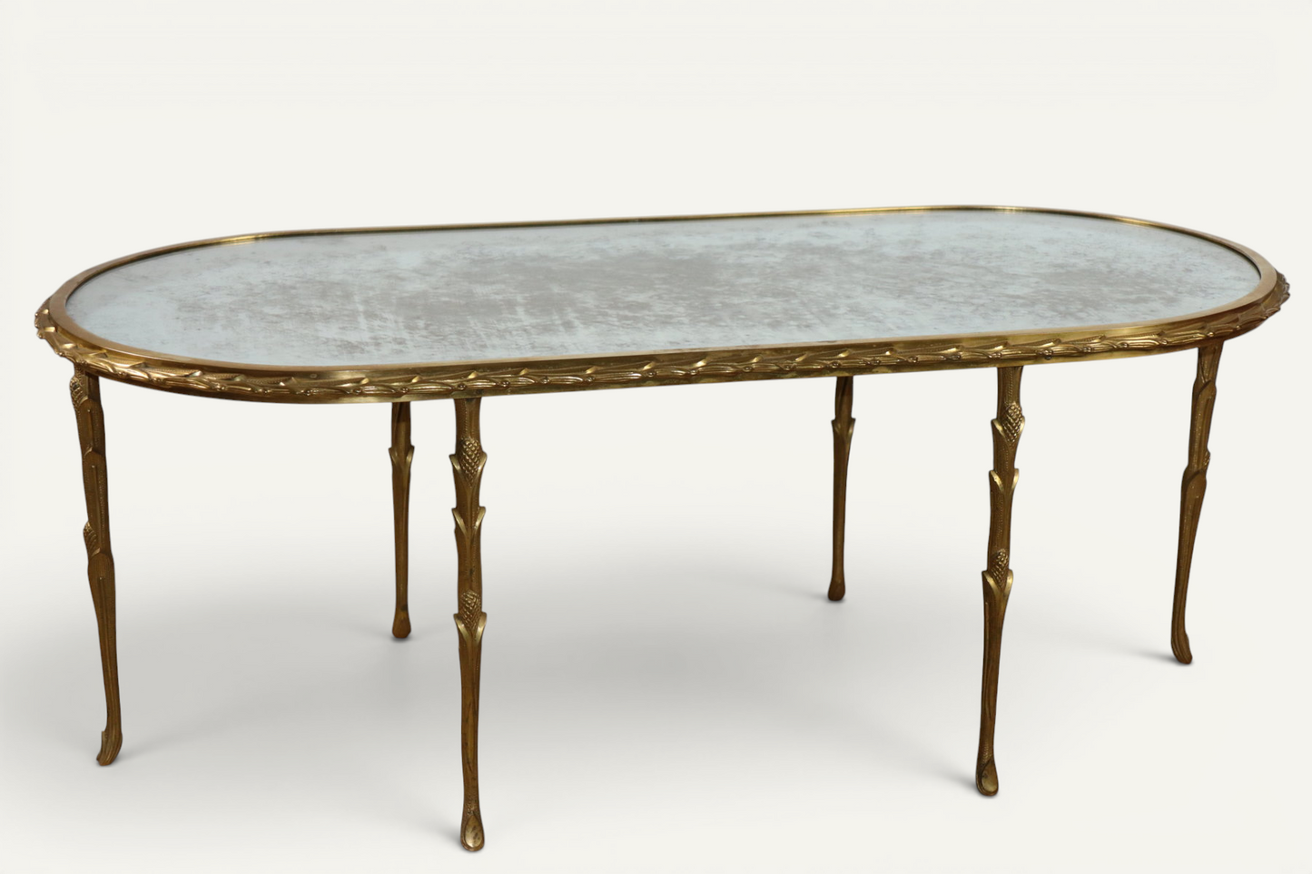 Table basse Maison Baguès en bronze doré et miroir vieilli – Années 1950