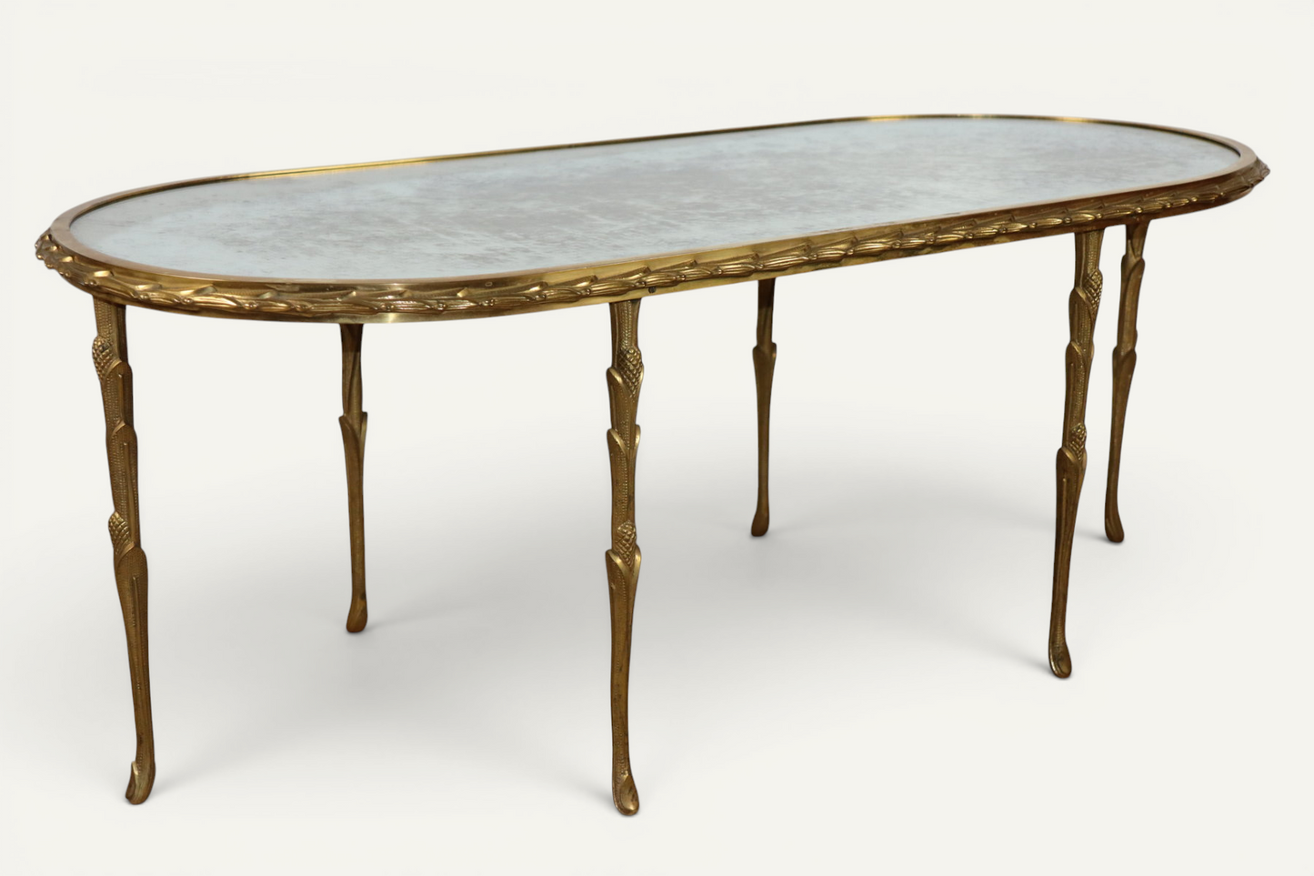 Table basse Maison Baguès en bronze doré et miroir vieilli – Années 1950