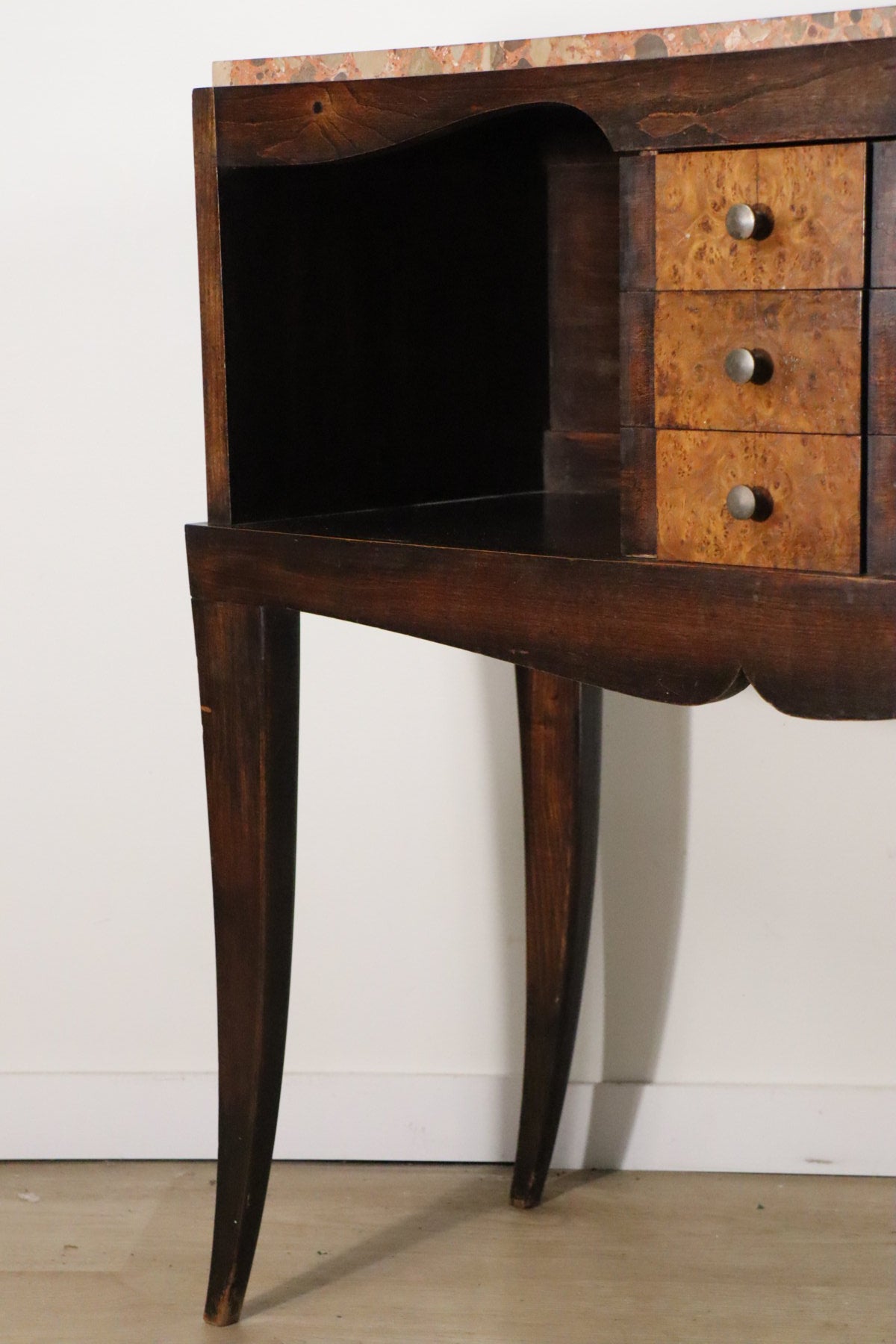 Console vintage en bois et marbre – pieds galbés style classique 1950