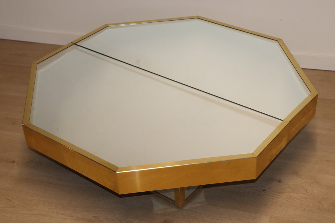 Table basse bar vintage en verre miroir et métal doré, 1970
