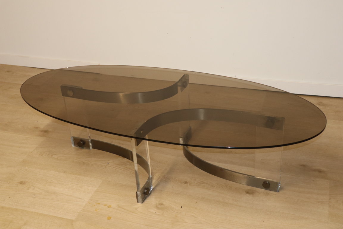 Table basse vintage en verre, acier et plexiglas, 1970