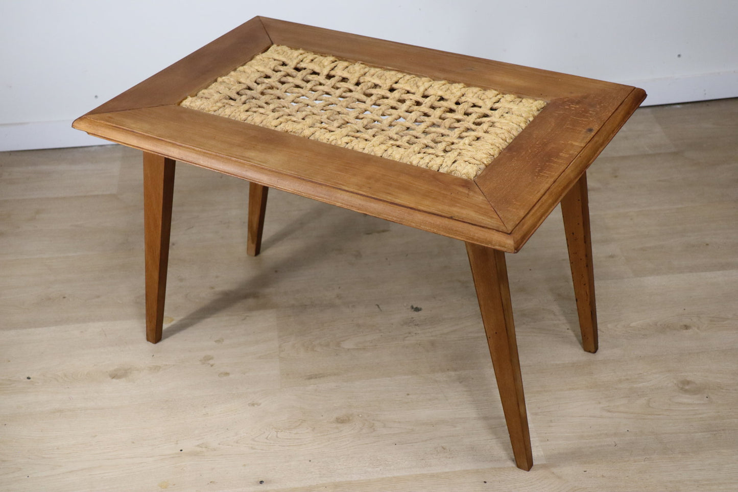 Table basse vintage en chêne et corde, 1950