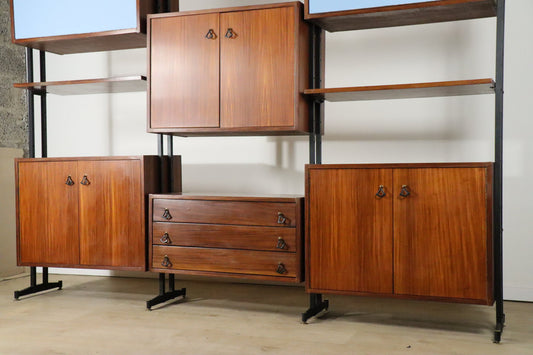 Bibliothèque vintage italienne en bois et métal, 1960