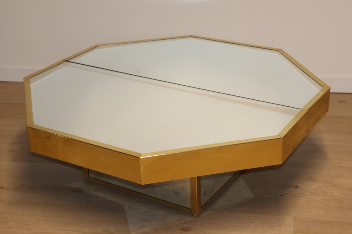 Table basse bar vintage en verre miroir et métal doré, 1970