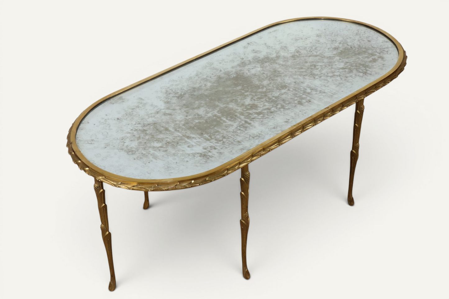 Table basse Maison Baguès en bronze doré et miroir vieilli – Années 1950