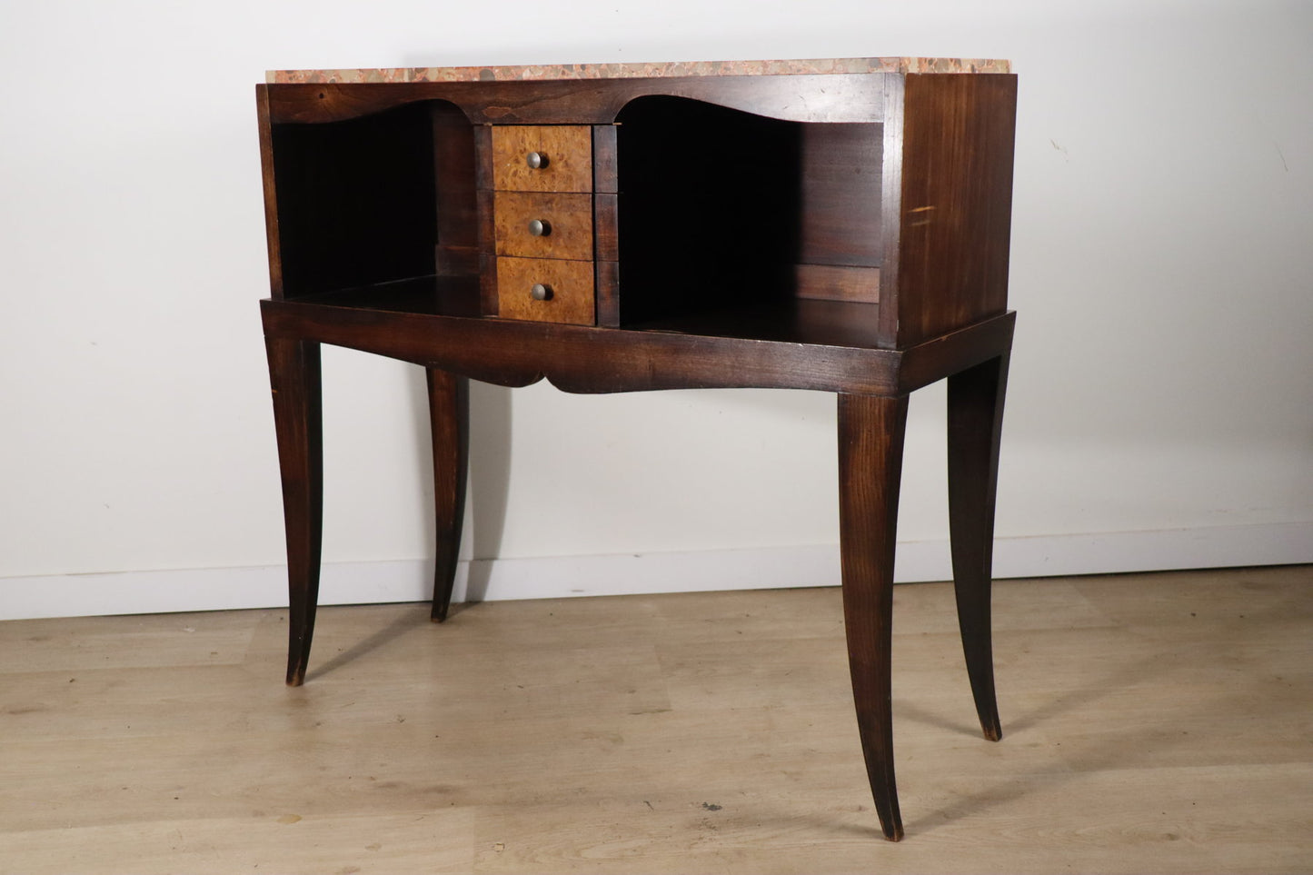 Console vintage en bois et marbre – pieds galbés style classique 1950