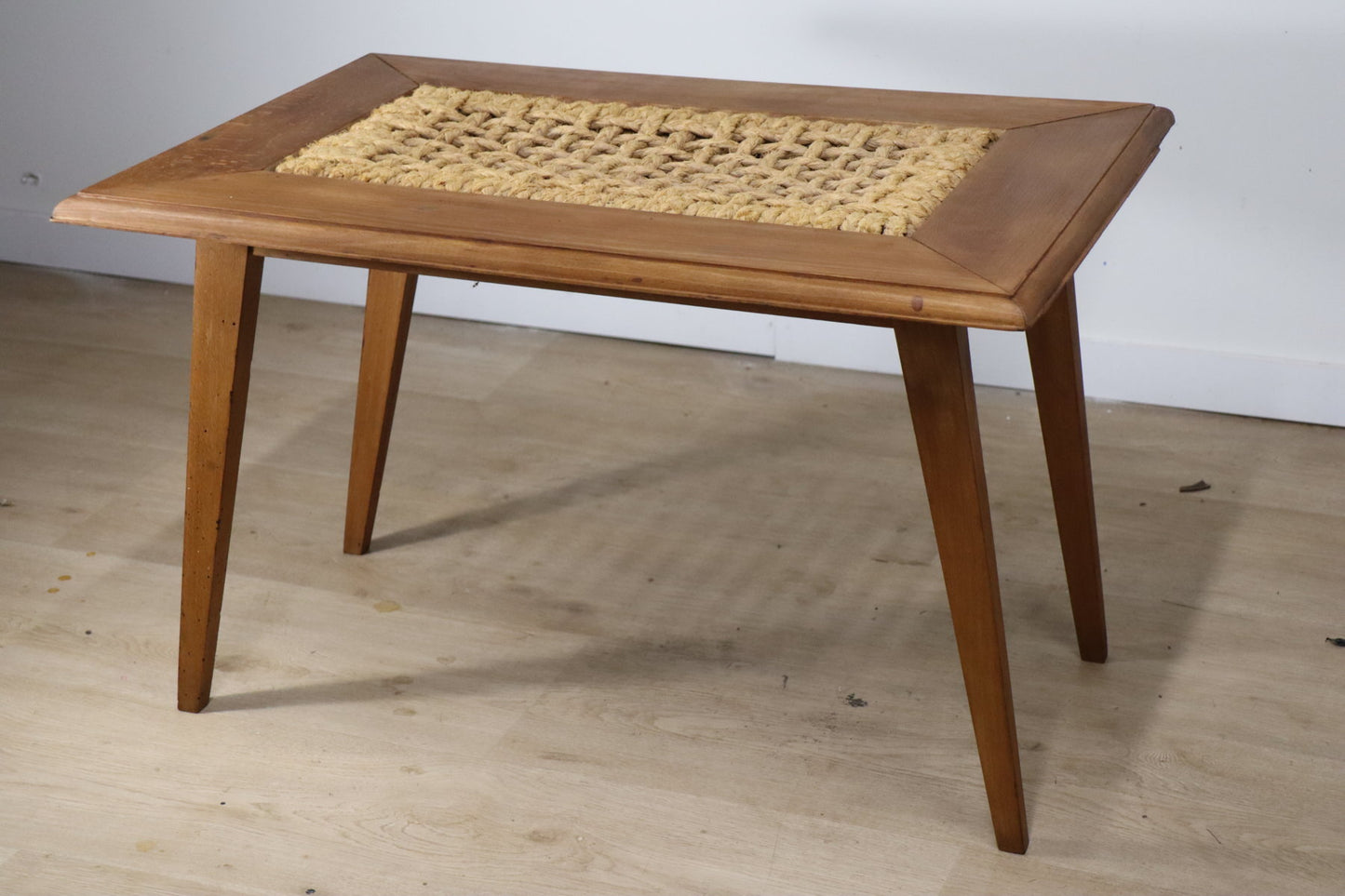 Table basse vintage en chêne et corde, 1950