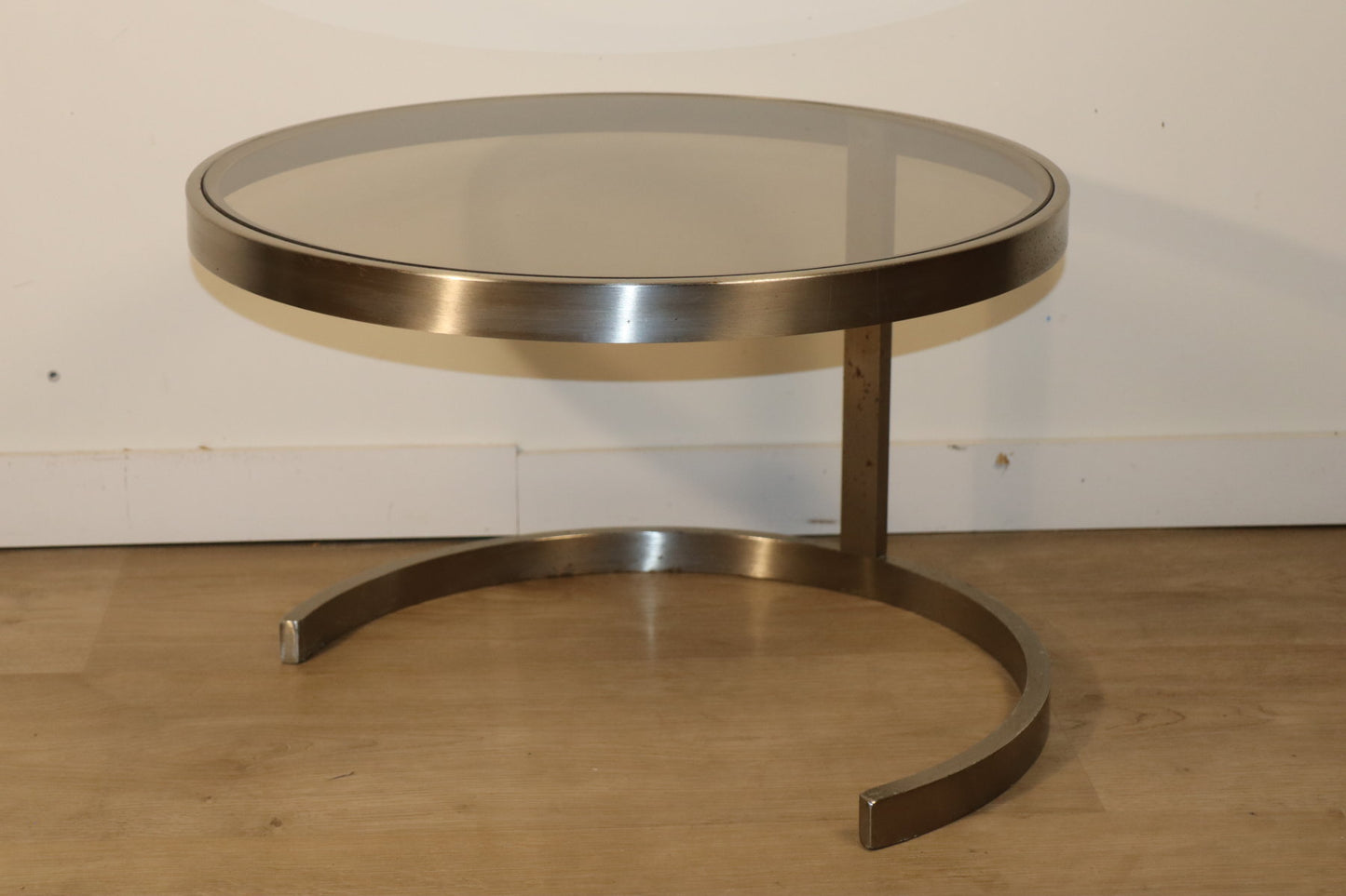 Table basse d'appoint vintage en acier brossé et verre, 1970