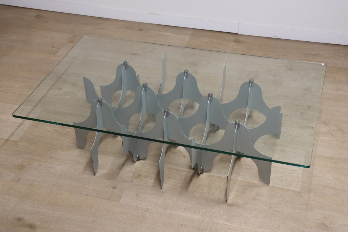 Table basse sculpturale minimaliste en métal et verre