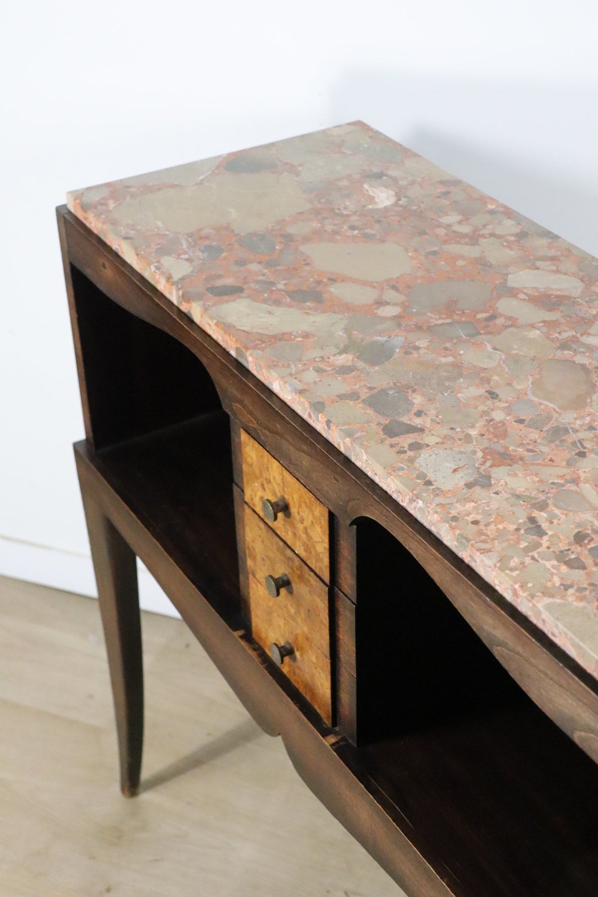 Console vintage en bois et marbre – pieds galbés style classique 1950