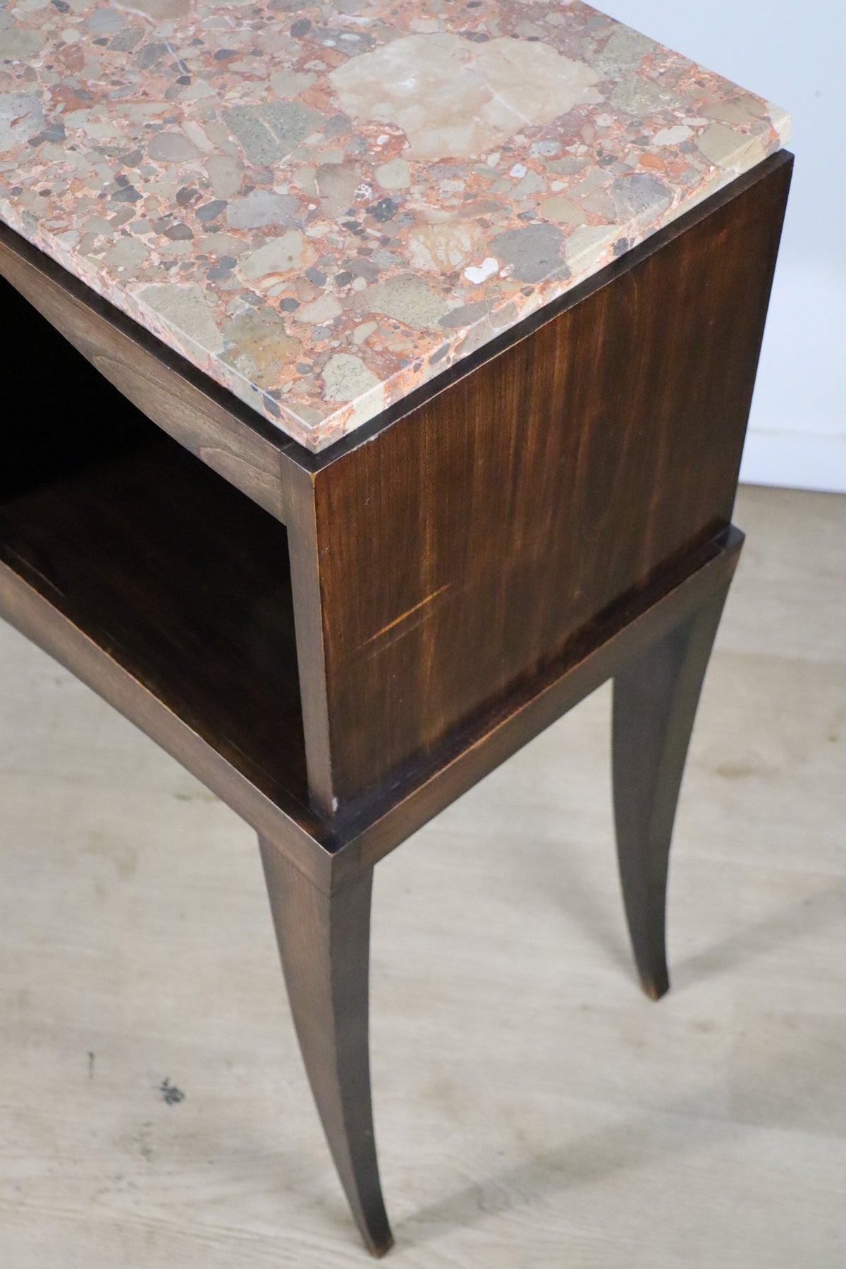 Console vintage en bois et marbre – pieds galbés style classique 1950