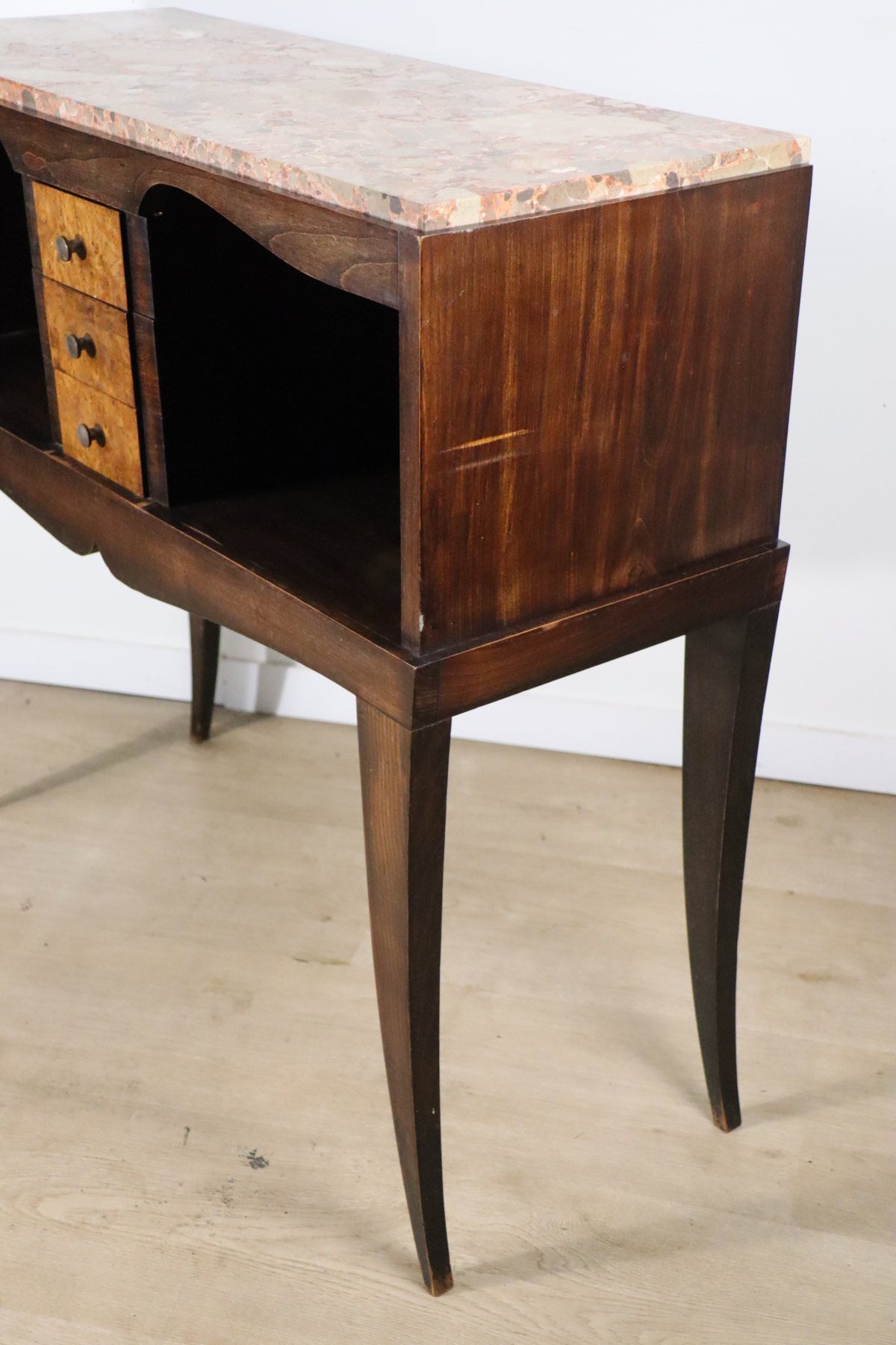 Console vintage en bois et marbre – pieds galbés style classique 1950