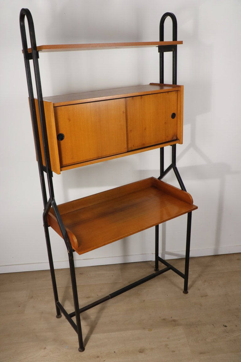 Bureau vintage avec bibliothèque modulable en bois et métal, 1960