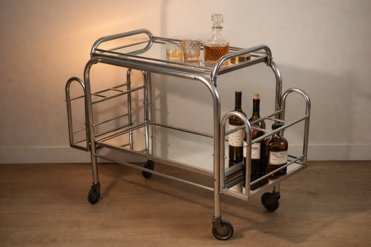 Desserte roulante vintage années 70 en métal chromé et verre miroir